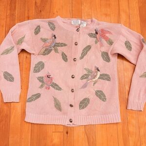 NORTHERN TREASURES Pink 100% Cotton Cardigan, Bird and Leaf Embroidery - Small